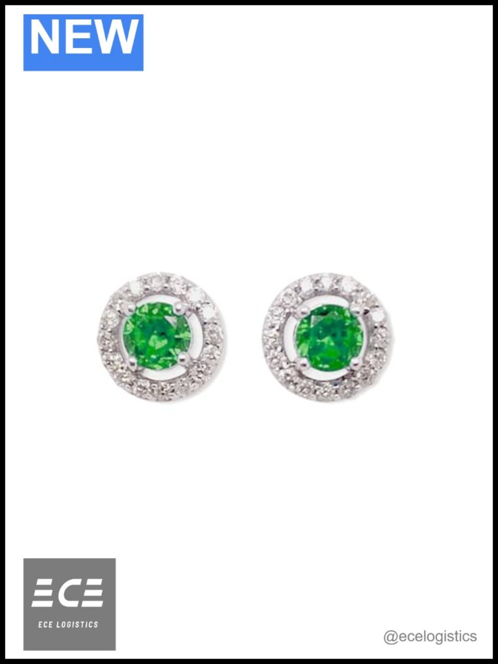 Emerald Halo Earrings White Gold Rhodium Finish Sterling Silver